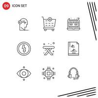 Pack of 9 Modern Outlines Signs and Symbols for Web Print Media such as table power laptop electricity charge Editable Vector Design Elements