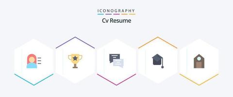 cv curriculum vitae 25 paquete de iconos planos que incluye . escuela. mensaje. aprender. sombrero vector