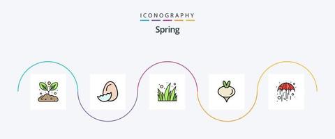 Spring Line Filled Flat 5 Icon Pack Including weather. rain. garden. spring. turnip vector