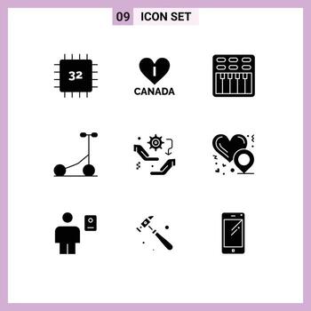 9 Universal Solid Glyphs Set for Web and Mobile Applications setup gear cinema transport scooter Editable Vector Design Elements