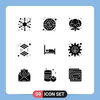 Solid Glyph Pack of 9 Universal Symbols of gear patient food bed layer Editable Vector Design Elements