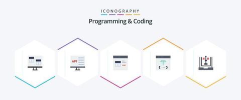 Programación y codificación de 25 paquetes de iconos planos, incluido el desarrollo. codificación. desarrollo. desarrollo. codificación vector