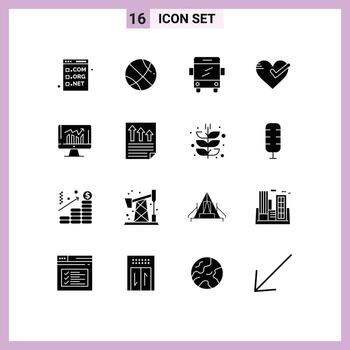 Set of 16 Modern UI Icons Symbols Signs for graph tick bus good love Editable Vector Design Elements