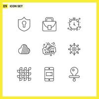 Group of 9 Modern Outlines Set for close coffee clock crypto currency coin Editable Vector Design Elements