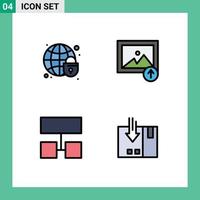 Modern Set of 4 Filledline Flat Colors and symbols such as global security structure globe upload delivery Editable Vector Design Elements