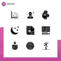 Group of 9 Modern Solid Glyphs Set for stars moon woman technology sharing Editable Vector Design Elements
