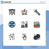 Set of 9 Modern UI Icons Symbols Signs for autumn network torch global hiking Editable Vector Design Elements