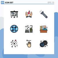 Set of 9 Modern UI Icons Symbols Signs for autumn network torch global hiking Editable Vector Design Elements