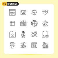 Pack of 16 Modern Outlines Signs and Symbols for Web Print Media such as instagram feed garbage heartflag flg Editable Vector Design Elements