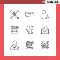 Pack of 9 Modern Outlines Signs and Symbols for Web Print Media such as brainstorming toolbox hardware repair heart Editable Vector Design Elements