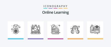 paquete de iconos de línea 5 de aprendizaje en línea que incluye escritorio. calendario. DVD. medalla. estudiar en el extranjero. diseño de iconos creativos vector