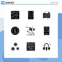 Editable Vector Line Pack of 9 Simple Solid Glyphs of drink cocktail camera money coin Editable Vector Design Elements