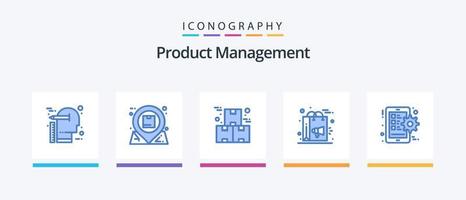 paquete de iconos azul 5 de gestión de productos que incluye marketing. bolso. bandeja de entrada. producción. industria. diseño de iconos creativos vector