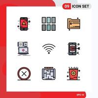 Pack of 9 Modern Filledline Flat Colors Signs and Symbols for Web Print Media such as connection responsive share mobile computer Editable Vector Design Elements