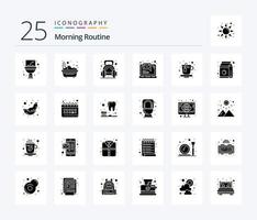 Paquete de iconos de 25 glifos sólidos de rutina matutina que incluye taza. ordenador portátil. ejercicio. Email. gimnasia vector