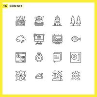 Group of 16 Modern Outlines Set for cloud park decoration nature usa Editable Vector Design Elements