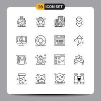 Universal Icon Symbols Group of 16 Modern Outlines of computer plane pot design speaker Editable Vector Design Elements