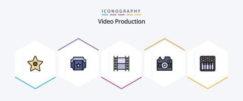 paquete de iconos de 25 líneas completas de producción de video que incluye sonido. película. película. cine. foto vector