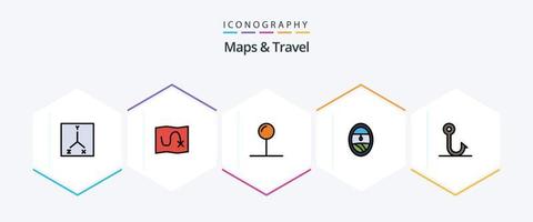 Paquete de iconos de mapas y viajes de 25 líneas completas que incluye . . puntero. gancho. pez vector