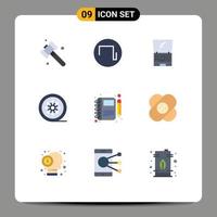 Mobile Interface Flat Color Set of 9 Pictograms of moleskin vintage reel device tape reel film reel Editable Vector Design Elements