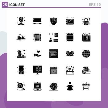 grupo de 25 glifos sólidos modernos establecidos para elementos de diseño vectorial editables de bosquejo de cifrado de seguridad de bloqueo de montaña vector