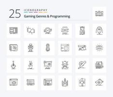 Gaming Genres And Programming 25 Line icon pack including mobile. api. fight. time. clockwise vector