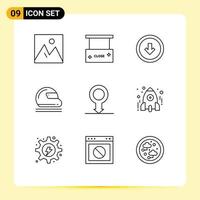 Universal Icon Symbols Group of 9 Modern Outlines of goal keeper motorcycle close salon helmet user interface Editable Vector Design Elements