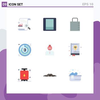 Pack of 9 creative Flat Colors of head clock key time countdown Editable Vector Design Elements