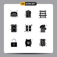 Editable Vector Line Pack of 9 Simple Solid Glyphs of medicine wifi chair technology network Editable Vector Design Elements