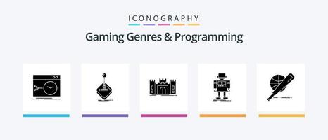 Gaming Genres And Programming Glyph 5 Icon Pack Including robot. autonomous. joystick. landmark. fort. Creative Icons Design vector