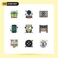 Group of 9 Filledline Flat Colors Signs and Symbols for regular navigation video location app Editable Vector Design Elements