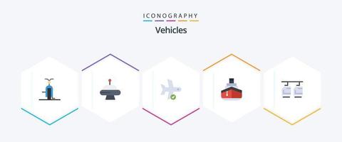 Paquete de 25 iconos planos de vehículos que incluye vehículos. transporte. controlar. completado. transportación vector