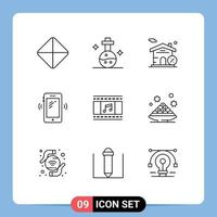 Group of 9 Modern Outlines Set for film reel animation house signals mobile Editable Vector Design Elements