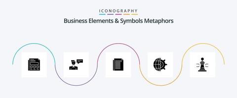 Business Elements And Symbols Metaphors Glyph 5 Icon Pack Including chess. setting. conversation. globe. paper vector