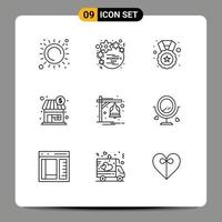 Pack of 9 Modern Outlines Signs and Symbols for Web Print Media such as alarm store women shopping badge Editable Vector Design Elements