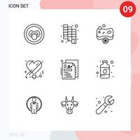 Pack of 9 Modern Outlines Signs and Symbols for Web Print Media such as grade test face romance gender Editable Vector Design Elements