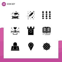 Mobile Interface Solid Glyph Set of 9 Pictograms of ancient love grill inscription mom Editable Vector Design Elements