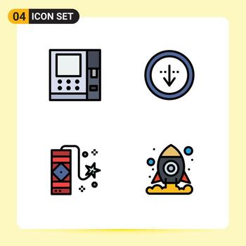 conjunto de pictogramas de 4 colores planos de línea de llenado simple de elementos de diseño vectorial editables de fuegos artificiales de importación de dirección de celebración de cajero automático vector