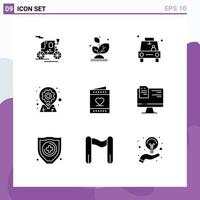 Universal Icon Symbols Group of 9 Modern Solid Glyphs of love options gps location gear Editable Vector Design Elements