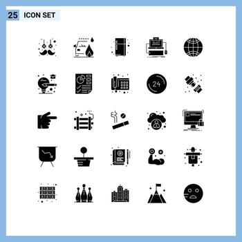 Pack of 25 creative Solid Glyphs of globe screen electronic device monoblock coding Editable Vector Design Elements