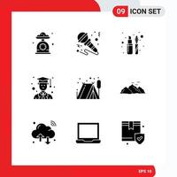 Group of 9 Solid Glyphs Signs and Symbols for camping graduate music avatar liner Editable Vector Design Elements