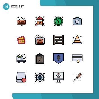 User Interface Pack of 16 Basic Flat Color Filled Lines of heart tecket clock image instagram Editable Creative Vector Design Elements