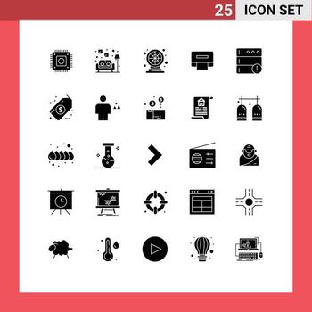 25 Universal Solid Glyph Signs Symbols of dollar database fun alert paper Editable Vector Design Elements