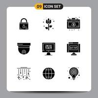 Pictogram Set of 9 Simple Solid Glyphs of ddos cryptography briefcase surveillance roof Editable Vector Design Elements