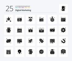 Digital Marketing 25 Solid Glyph icon pack including research. trade. advertise. marketing. business vector