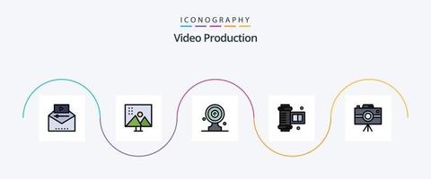 Video Production Line Filled Flat 5 Icon Pack Including camera roll film. ancient camera roll. photo editing. target board. media target vector