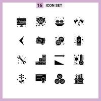 Modern Set of 16 Solid Glyphs Pictograph of passboard back party arrow tool Editable Vector Design Elements