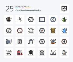 Complete Common Version 25 Line Filled icon pack including statistics. graph. code. chart. web vector