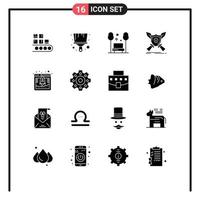 conjunto moderno de 16 glifos y símbolos sólidos, como espadas, silla de juego, emblema, viajes, elementos de diseño vectorial editables vector