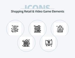 Compras minoristas y elementos de videojuegos línea icono paquete 5 diseño de iconos. móvil. juego. palanca de mando. probabilidad. dado vector